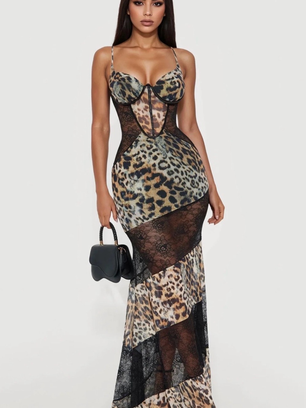 Fashion Nova Leopard Lace-Panel Maxi Dress - Black/Tan